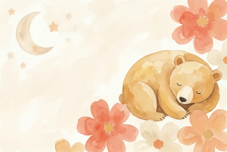 Книжка-картинка для 3–5 лет: спящий медвежонок среди цветов под луной