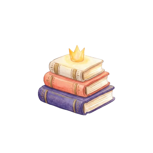 Стопка детских книг с золотой короной — акварельная иллюстрация подарочной книги-сказки